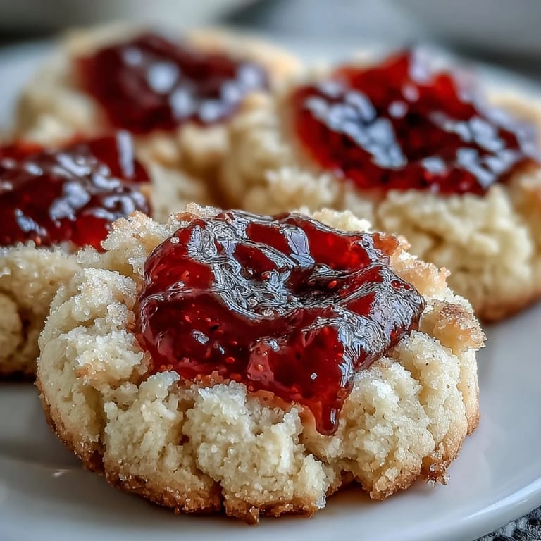 Golden shortbread cookies filled with vibrant strawberry jam, ideal for easy homemade treats and gatherings.  