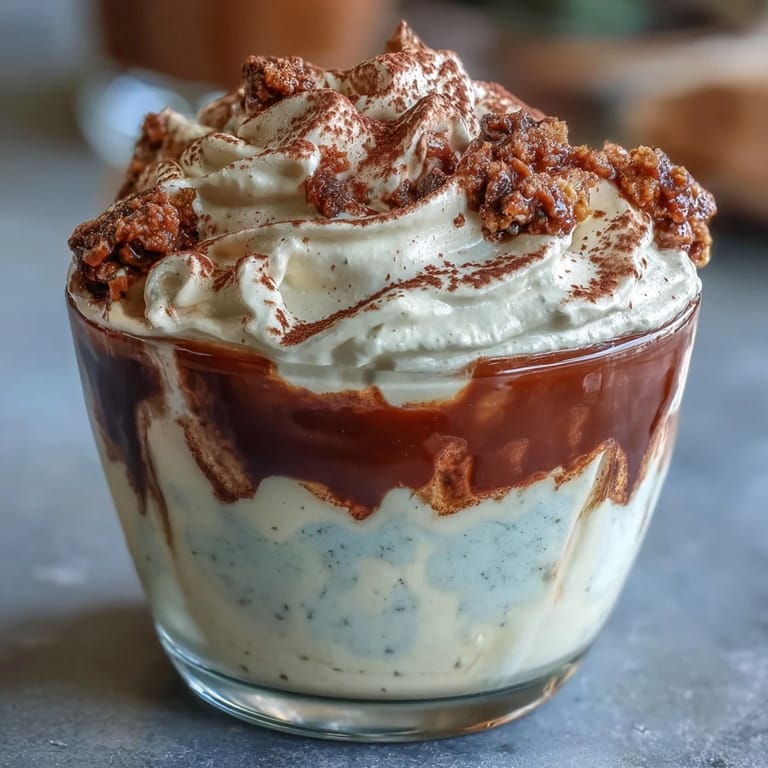 Layered vanilla bean mascarpone and coffee-dipped ladyfingers in individual cups, topped with cocoa and whipped cream.