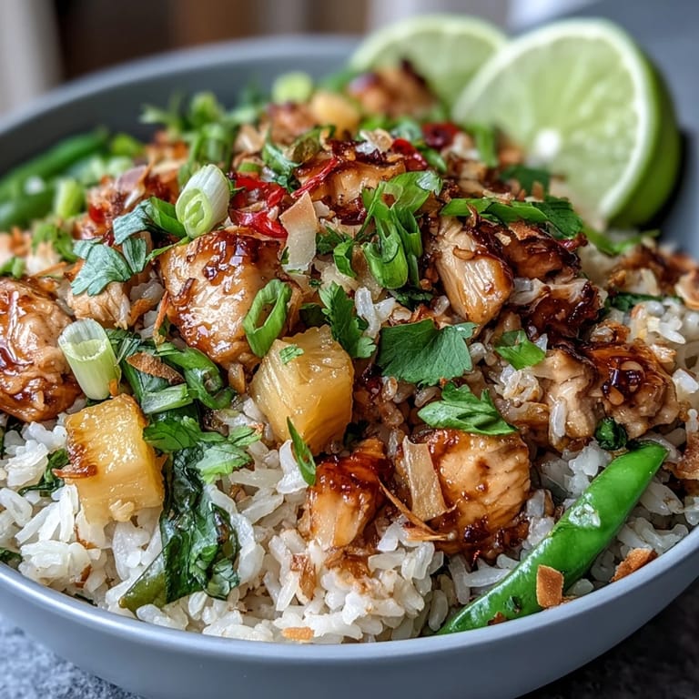 Vibrant Chicken Pineapple Rice Bowls featuring tender chicken, sweet pineapple chunks, and fluffy coconut rice, topped with crisp vegetables and toasted coconut.