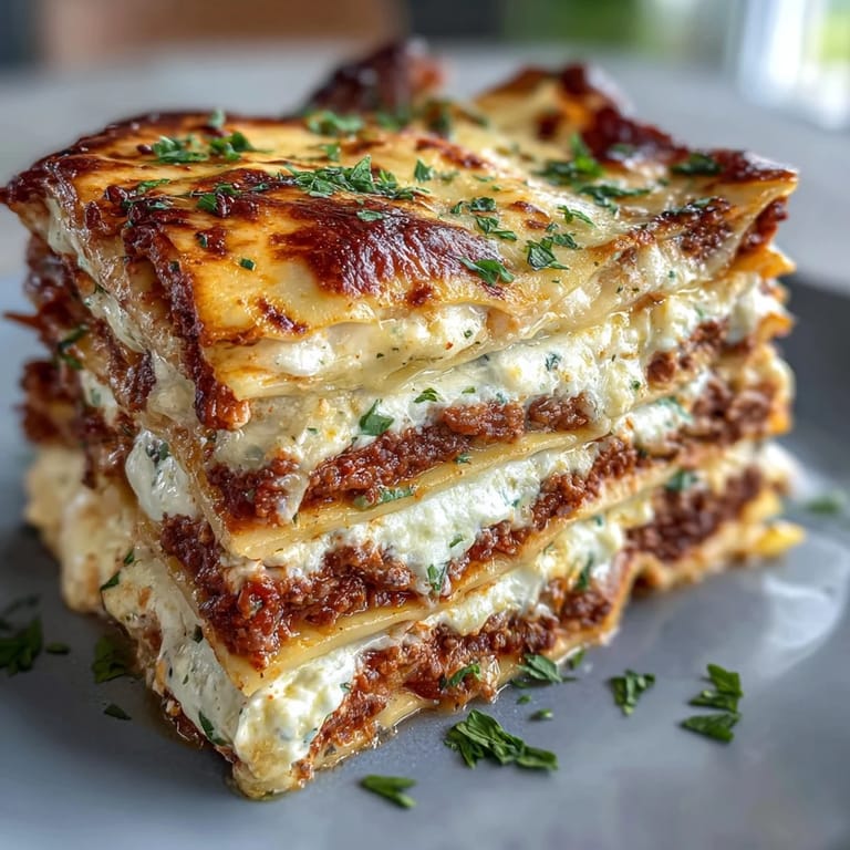 Ultimate Comfort Food Lasagna with Ricotta: Close-up of a cheesy lasagna slice revealing rich, herb-infused meat sauce and creamy ricotta filling, perfect for family dinners.