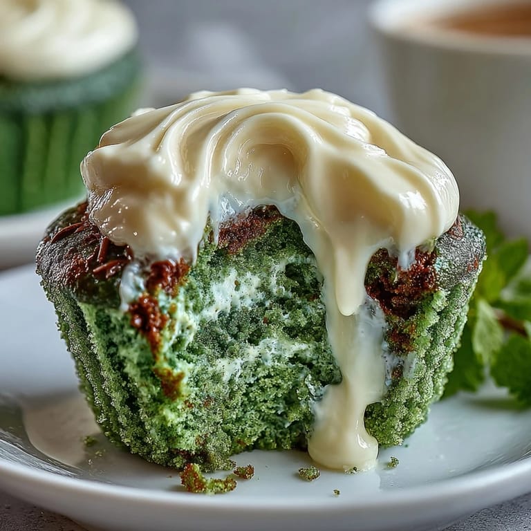 Bright green velvet cupcakes crowned with rich cream cheese frosting, a delightful dessert for any Irish-themed party or gathering.