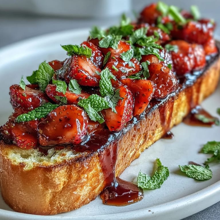 Vibrant strawberry bruschetta topped with fresh mint and tangy balsamic glaze, offering a sweet and savory bite for any occasion.