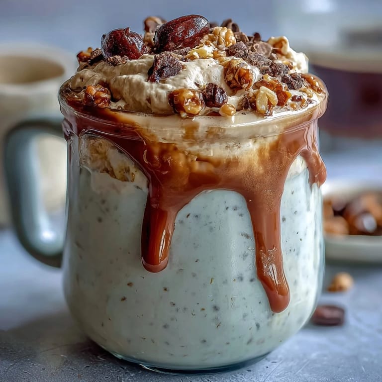 Vanilla Bean Frappuccino Overnight Oats jar layered with vanilla oats and chilled espresso for a refreshing breakfast.