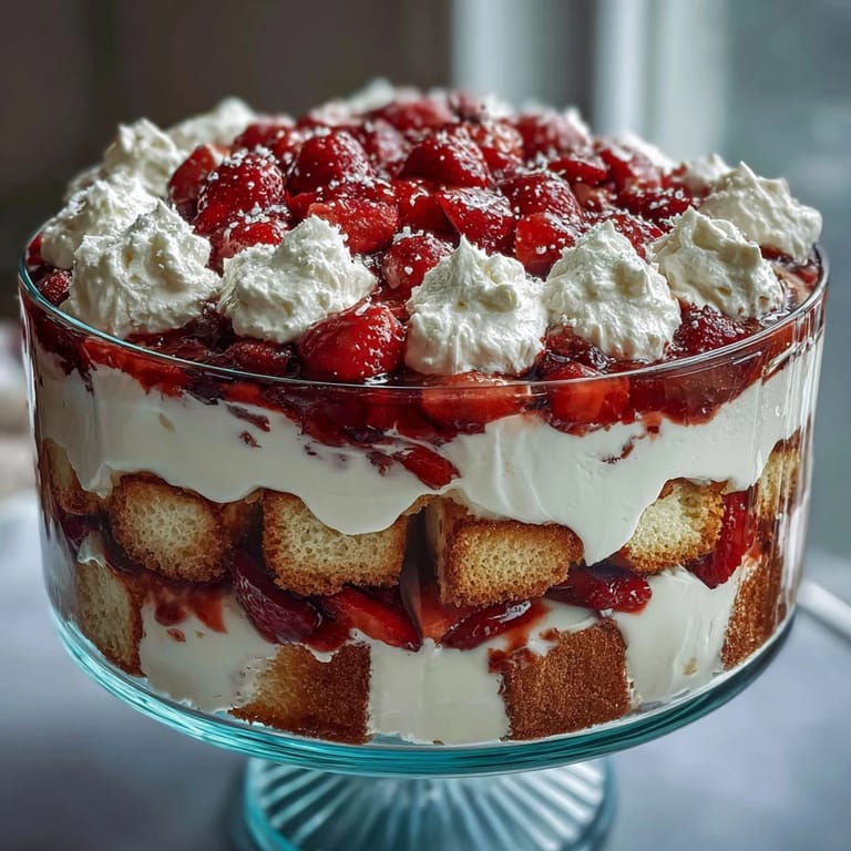 Festive strawberry shortcake trifle with vibrant red berries and clouds of whipped topping in clear dish.