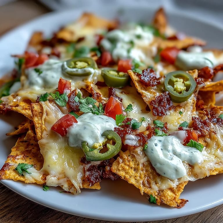 A shareable platter of nachos loaded with warm, melty cheese sauce, tangy sour cream, and vibrant cilantro for the perfect game day snack.