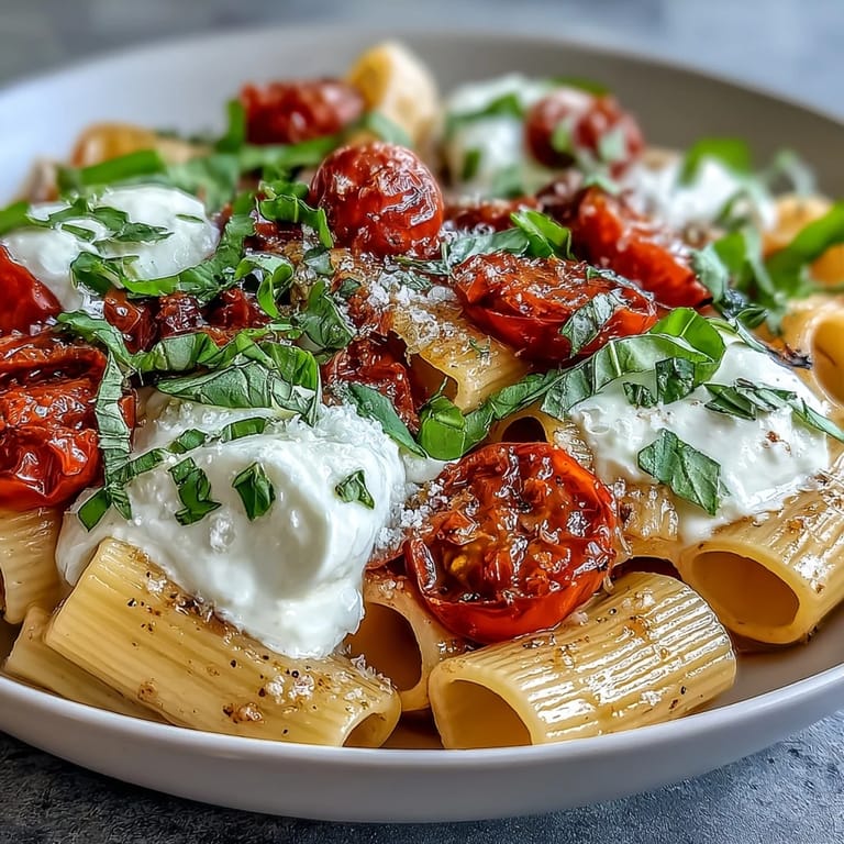 Vibrant Caprese pasta featuring ripe tomatoes, silky burrata, and fragrant basil leaves tossed with al dente pasta.  