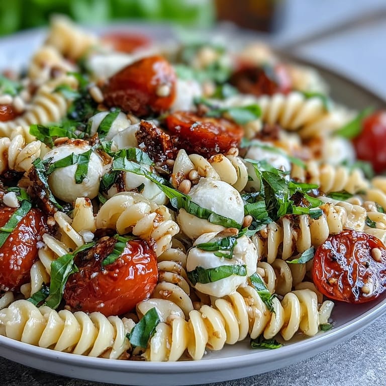 Fresh basil and mozzarella pasta salad tossed with cherry tomatoes and balsamic glaze, perfect for warm-weather dining.
