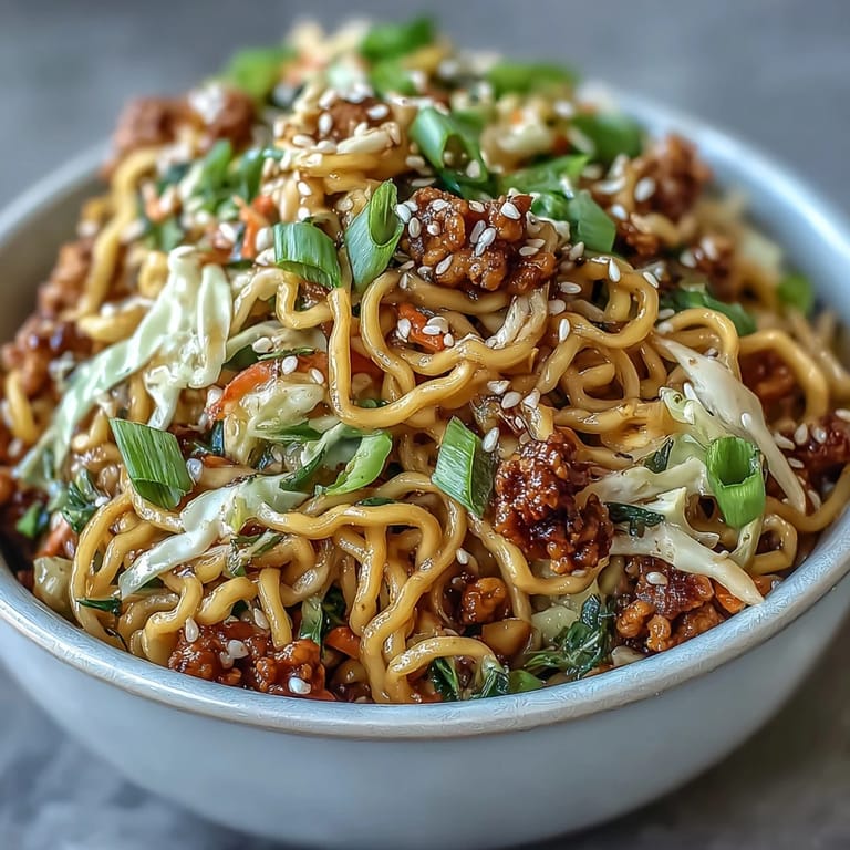 Bowl of Creamy Potsticker Noodle Stir-Fry topped with sesame seeds and chili crisp, ready to serve for a quick weeknight meal.