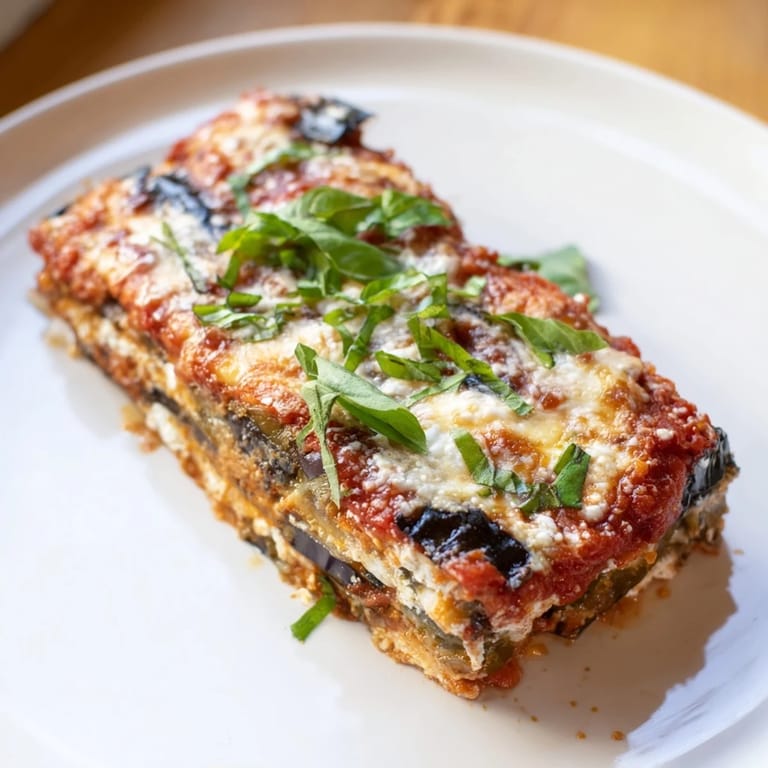 Enjoy a hearty piece of Eggplant Parmesan Lasagna, featuring layers of eggplant and gooey cheese.