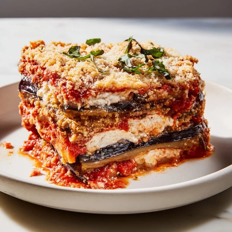 A close-up shot of the mouthwatering Eggplant Parmesan Lasagna, ready for serving after baking.