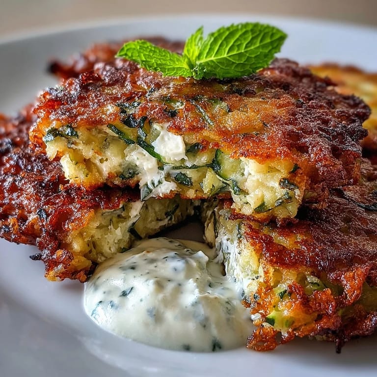 Golden-brown zucchini fritters studded with feta cheese, served alongside a cool, creamy yogurt mint dipping sauce for a fresh bite.