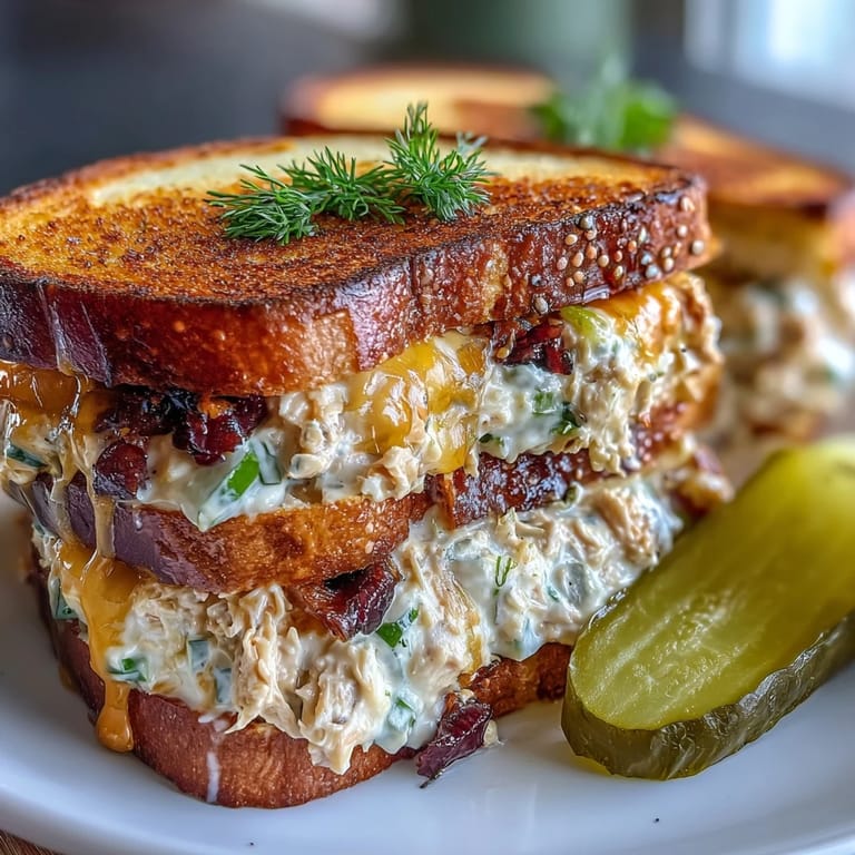 Classic tuna melt featuring melted cheese, crisp pickles, and creamy tuna salad on toasted sourdough.