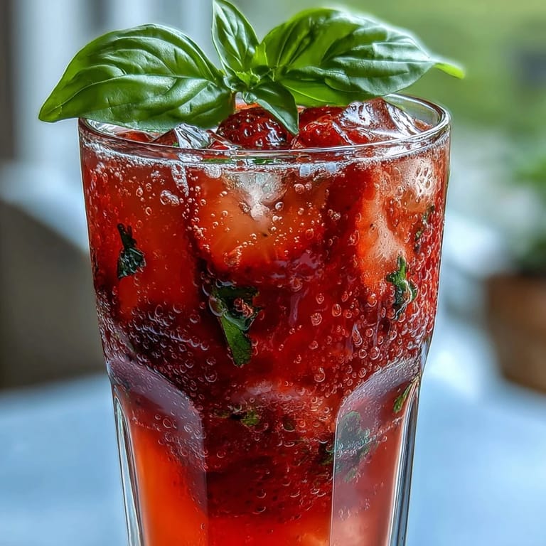 Vibrant red strawberries and green basil leaves muddled with ice and sparkling water, served in a chilled glass.