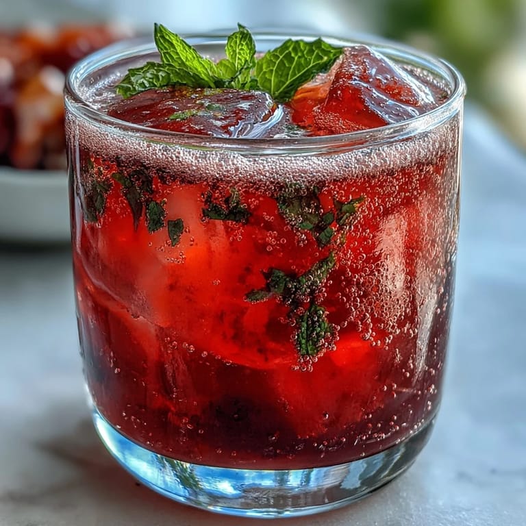 Close-up of Sparkling Hibiscus Mint Lemonade Mocktail showing vibrant ice-filled glasses, perfect for parties.