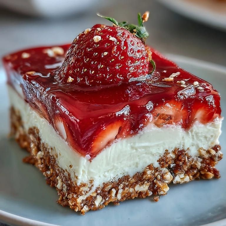 A vibrant slice of Strawberry Pretzel Salad, perfect for a summer picnic.