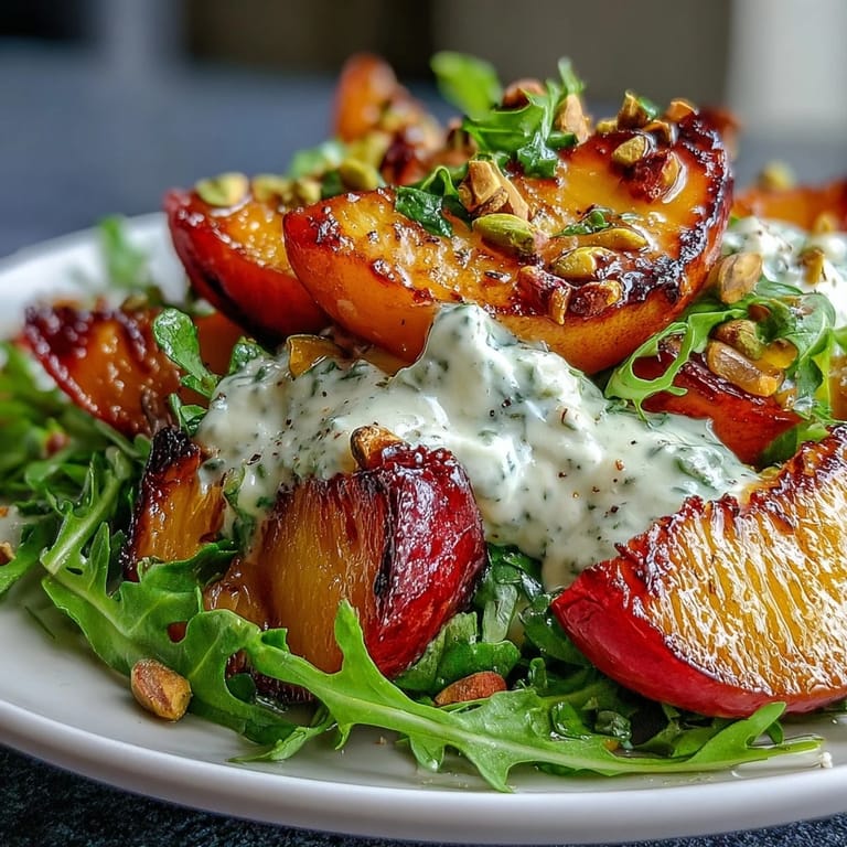 Vibrant grilled peach and burrata salad with honey dressing, ready to serve.