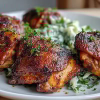 Crispy Keto Crispy Chicken Thighs rest beside a vibrant lemon butter cabbage slaw for a fresh, tangy contrast.