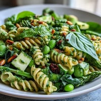 Spring Green Goddess Pasta Salad with Peas and Herbs in a large white bowl, garnished with toasted pine nuts and fresh herbs, surrounded by fresh spring vegetables and a creamy green goddess dressing on a rustic wooden table.