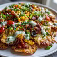 Crispy roasted potato rounds loaded with colorful veggies and melted cheddar, served with tangy Greek yogurt ranch for a vibrant twist on nachos.