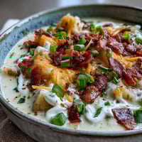 Creamy St. Patrick's Day loaded baked potato soup with tender Yukon Gold potatoes and smoky bacon crumbles.  