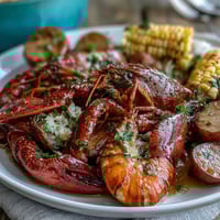 Cajun crawfish boil with corn and potatoes, featuring spicy crawfish, sweet corn, and tender potatoes seasoned with bold Cajun spices.