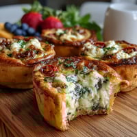 Vibrant Mothers Day brunch board with mini quiches, fresh fruit, cheeses, and pastries on a rustic wooden board.