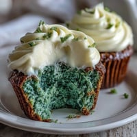 Festive green velvet cupcakes with swirls of tangy cream cheese frosting, perfect for St. Patricks Day celebrations.