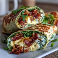 A vibrant breakfast wrap filled with fluffy scrambled eggs, savory ham, and fresh herbs in a spinach tortilla.