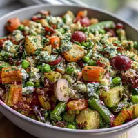 Fresh spring vegetable platter with radishes, peas, and creamy herb dip, ideal for healthy snacking or party appetizers.