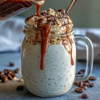 Vanilla Bean Frappuccino Overnight Oats jar with creamy oats, coffee drizzle, and whipped cream topping.