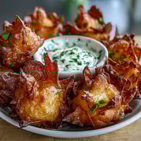 Crispy dandelion fritters with herb dipping sauce on a rustic plate, golden batter coating delicate edible flowers.  