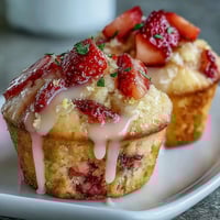 Fluffy strawberry lemon muffins topped with a glossy lemon glaze, bursting with fresh fruit and citrus zest in every bite.