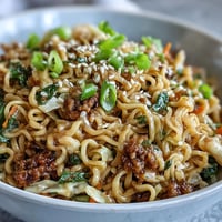 Creamy Potsticker Noodle Stir-Fry features ramen noodles and ground turkey coated in a glossy, savory sauce, garnished with fresh scallions.