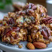 Homemade granola clusters with golden oats, crunchy nuts, and honey, baked into irresistible chunky bites perfect for breakfast or snacking.