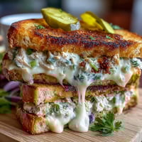 Crispy tuna melt with creamy tuna salad, melted cheddar, and pickles in golden toasted bread.  
