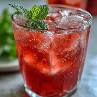 Sparkling Hibiscus Mint Lemonade Mocktail gleams with ruby red color, refreshing mint garnish.