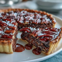 Decadent chocolate bourbon pecan tart, glistening with rich filling, ready to slice.